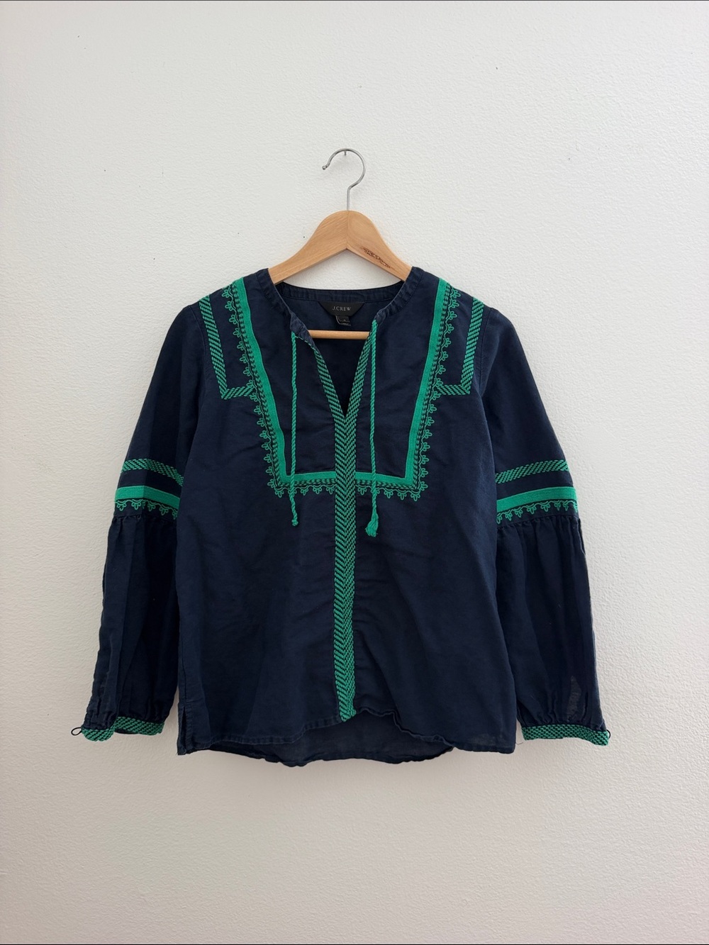 J. Crew Navy Tunic with Bright Green Embroidered Trim
